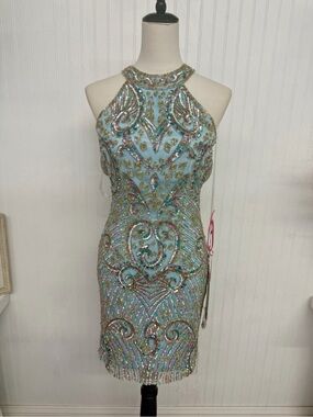 Primavera Couture Powder Blue Beaded Halter Mini Dress